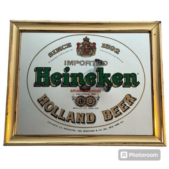 Vintage Heineken Mirror Glass Gold-Tone Metal Frame Signage Bar 16.5" x 13.5" - Picture 1 of 6